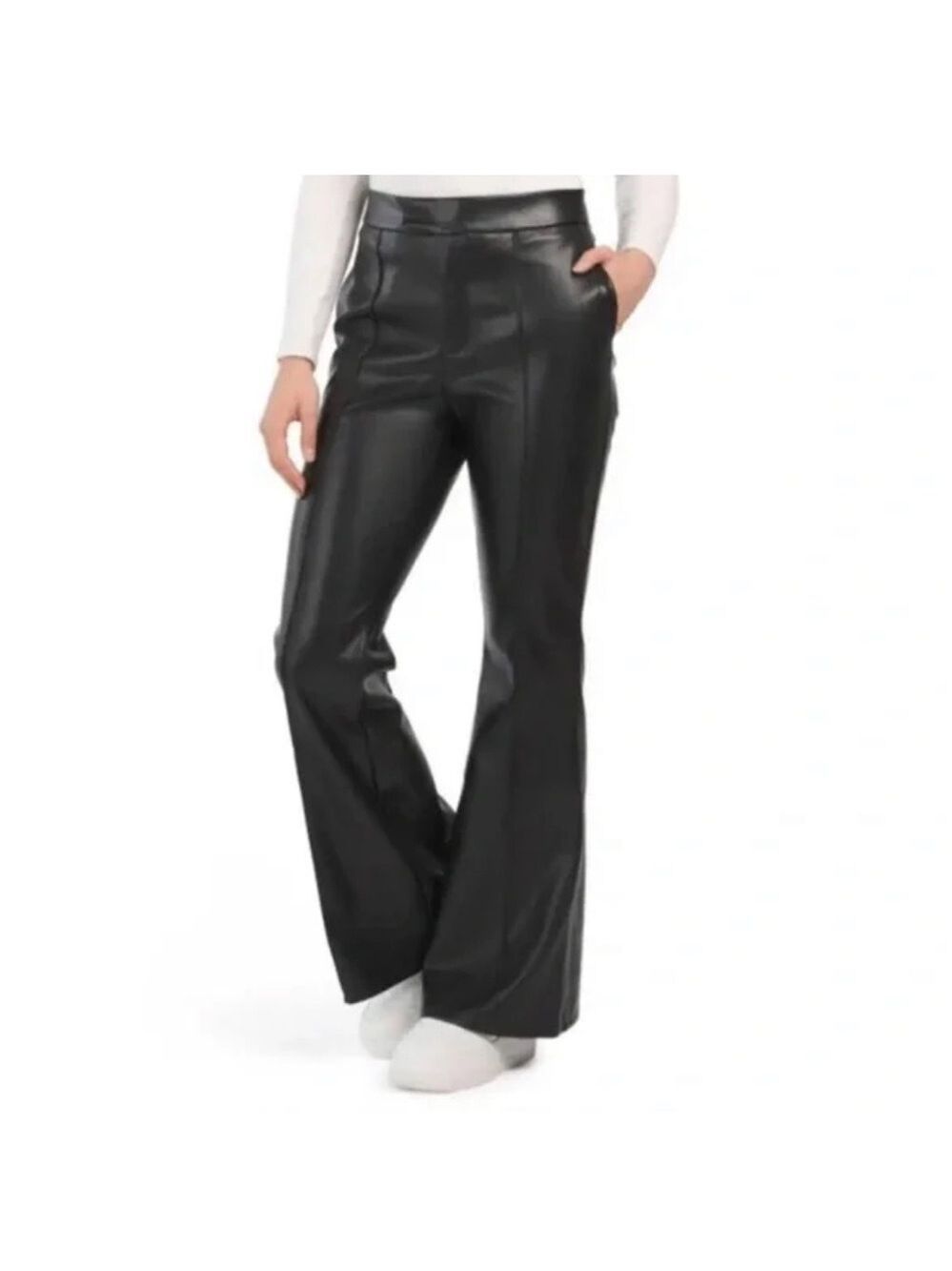 7 For All Mankind Black Faux Leather Wide Leg Flared Pants Trousers Size Medium